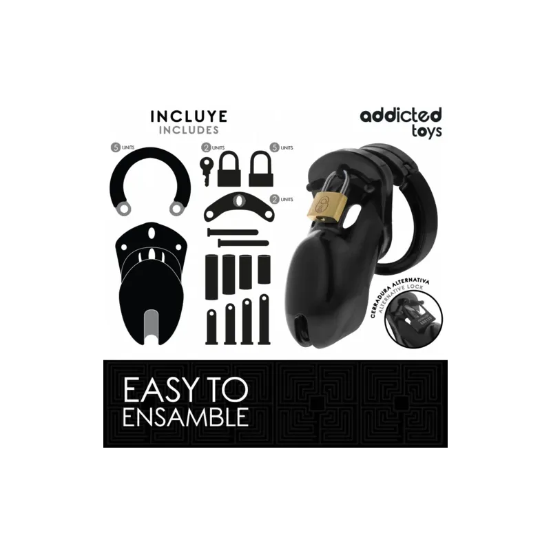 Keuschheitskäfig ADDICTED TOYS LOCKED, Set mit 5 Ringen (35-49mm) und Metallschloss.
