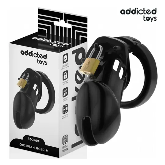 Addicted Toys Locked Obsidian Hold chastity cage size M overall view black with adjustable rings