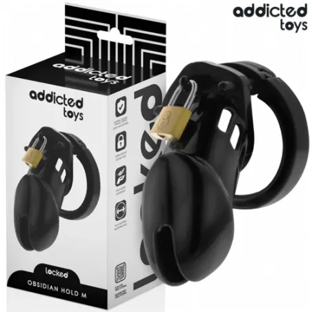 Cage di castità Addicted Toys Locked Obsidian Hold taglia M vista d'insieme nera con anelli regolabili