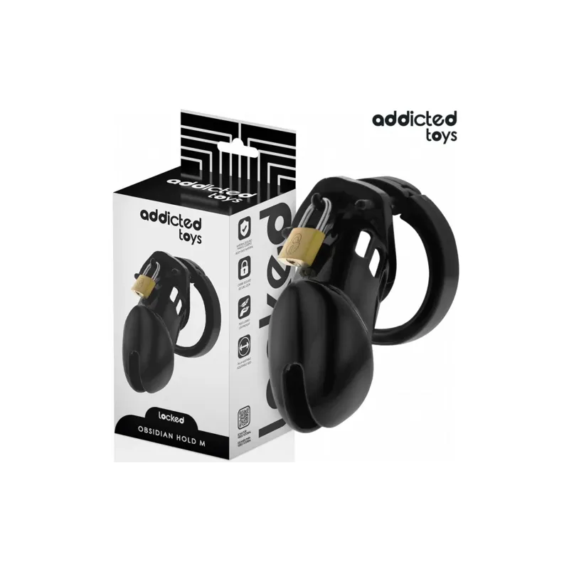 Cage di castità Addicted Toys Locked Obsidian Hold taglia M vista d'insieme nera con anelli regolabili