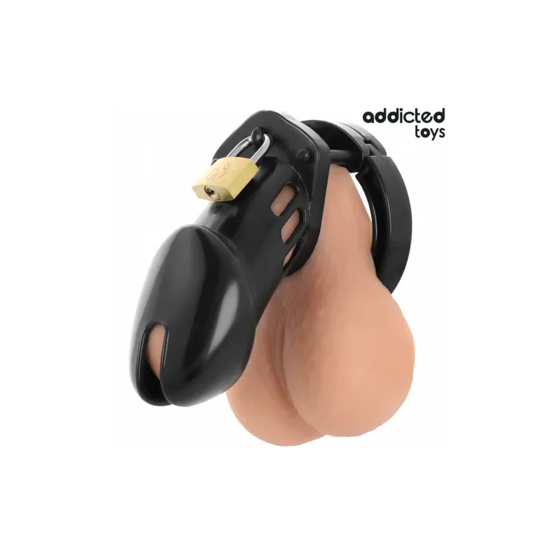 Cage di castità Addicted Toys Locked Obsidian Hold taglia M vista d'insieme nera con anelli regolabili