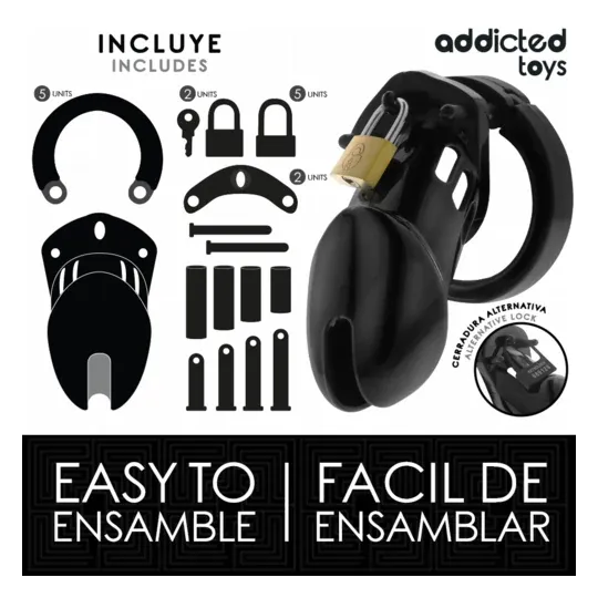 Keuschheitskäfig Addicted Toys Locked Obsidian Hold Größe M Gesamtansicht schwarz mit verstellbaren Ringen