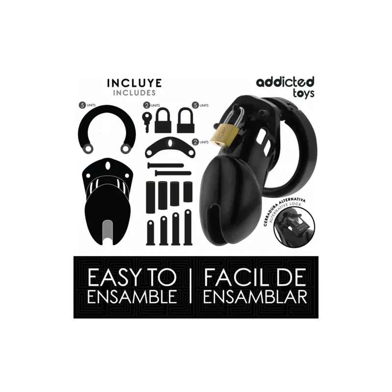 Addicted Toys Locked Obsidian Hold chastity cage size M overall view black with adjustable rings