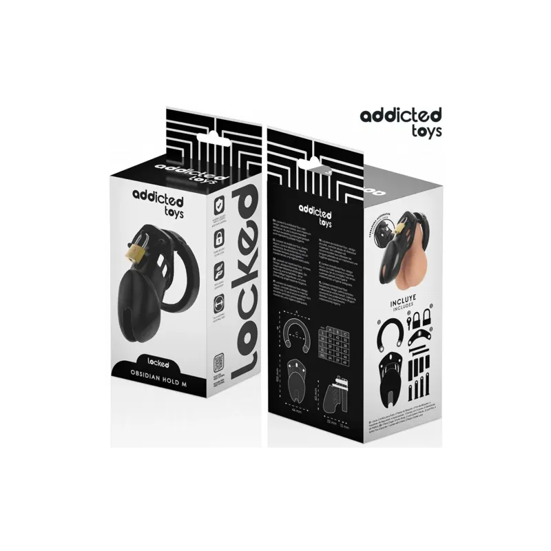 Cage di castità Addicted Toys Locked Obsidian Hold taglia M vista d'insieme nera con anelli regolabili