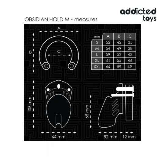 Cage de chasteté Addicted Toys Locked Obsidian Hold taille M vue d'ensemble noire avec anneaux ajustables