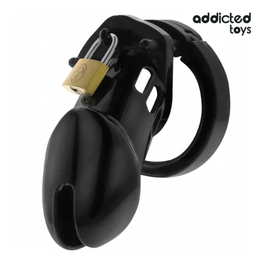 Cage di castità Addicted Toys Locked Obsidian Hold taglia M vista d'insieme nera con anelli regolabili