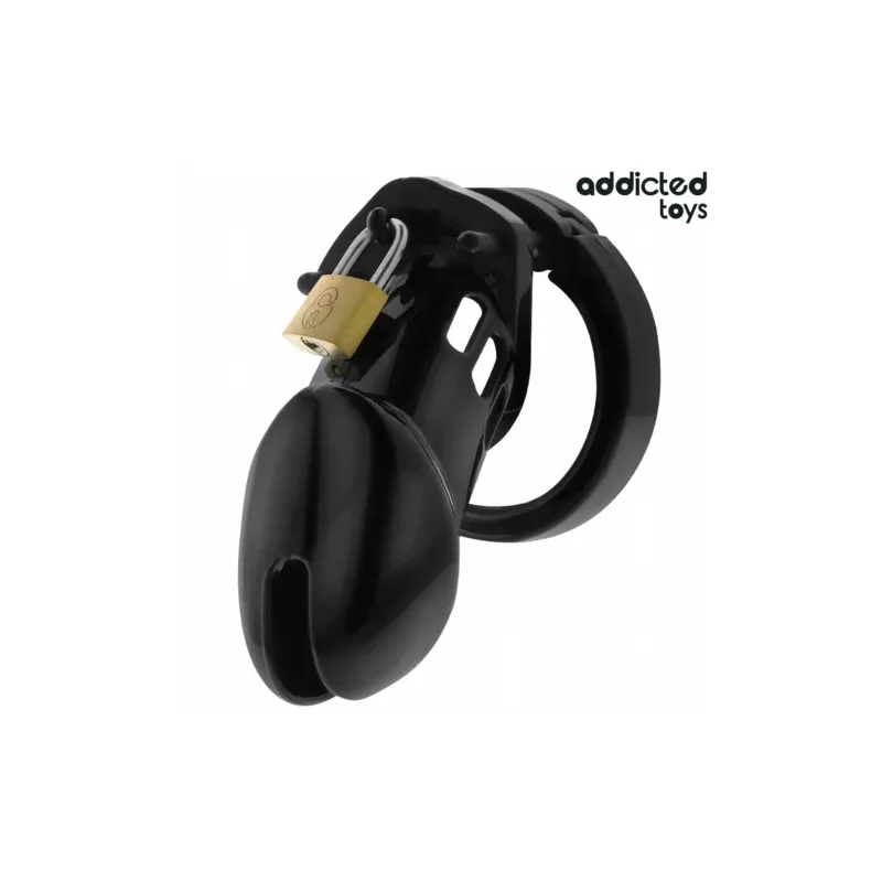 Cage de chasteté Addicted Toys Locked Obsidian Hold taille M vue d'ensemble noire avec anneaux ajustables