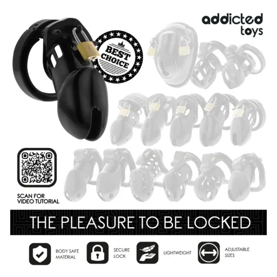 Cage de chasteté Addicted Toys Locked Obsidian Hold taille M vue d'ensemble noire avec anneaux ajustables