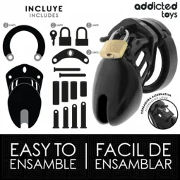 Gabbia di castità ADDICTED TOYS LOCKED Obsidian Hold taglia S, vista d'insieme con anelli e lucchetto di sicurezza.