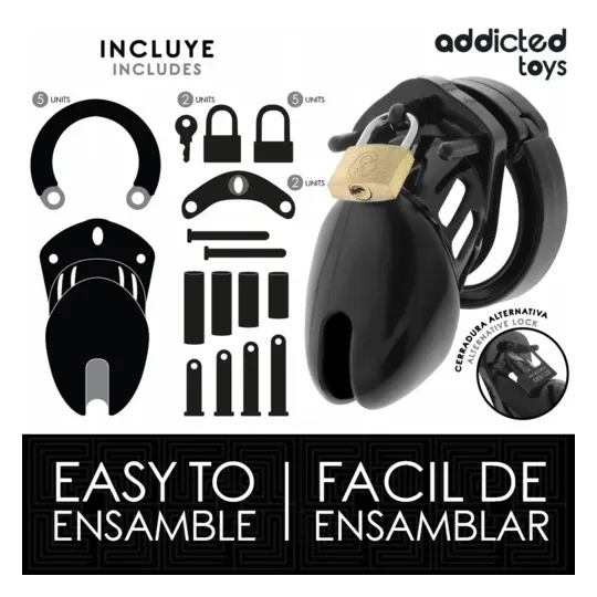 Jaula de castidad ADDICTED TOYS LOCKED Obsidian Hold talla S, vista general con anillos y candado de seguridad."}, {"fr": "Cage 