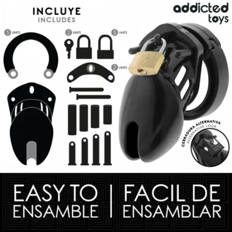 Jaula de castidad ADDICTED TOYS LOCKED Obsidian Hold talla S, vista general con anillos y candado de seguridad."}, {"fr": "Cage 
