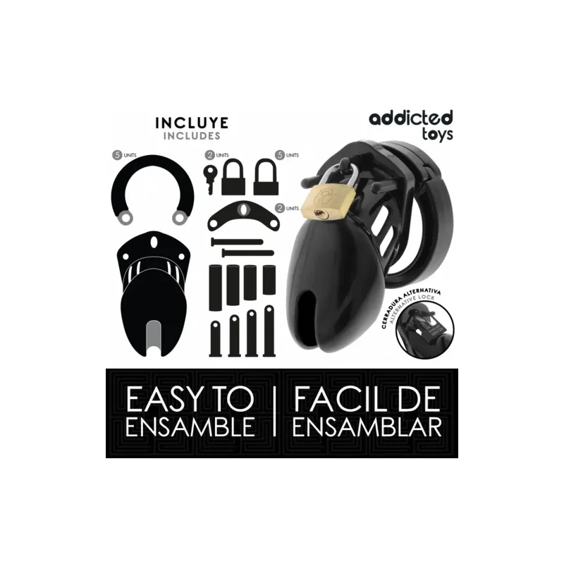 ADDICTED TOYS LOCKED Obsidian Hold chastity cage size S, overview with rings and lock mechanism.