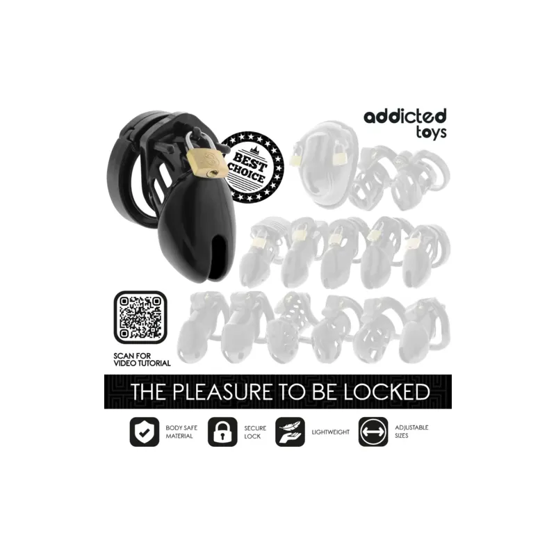 Gabbia di castità ADDICTED TOYS LOCKED Obsidian Hold taglia S, vista d'insieme con anelli e lucchetto di sicurezza.