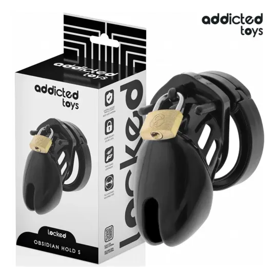 Cage de chasteté ADDICTED TOYS LOCKED Obsidian Hold taille S, vue d'ensemble avec anneaux et cadenas de sécurité.