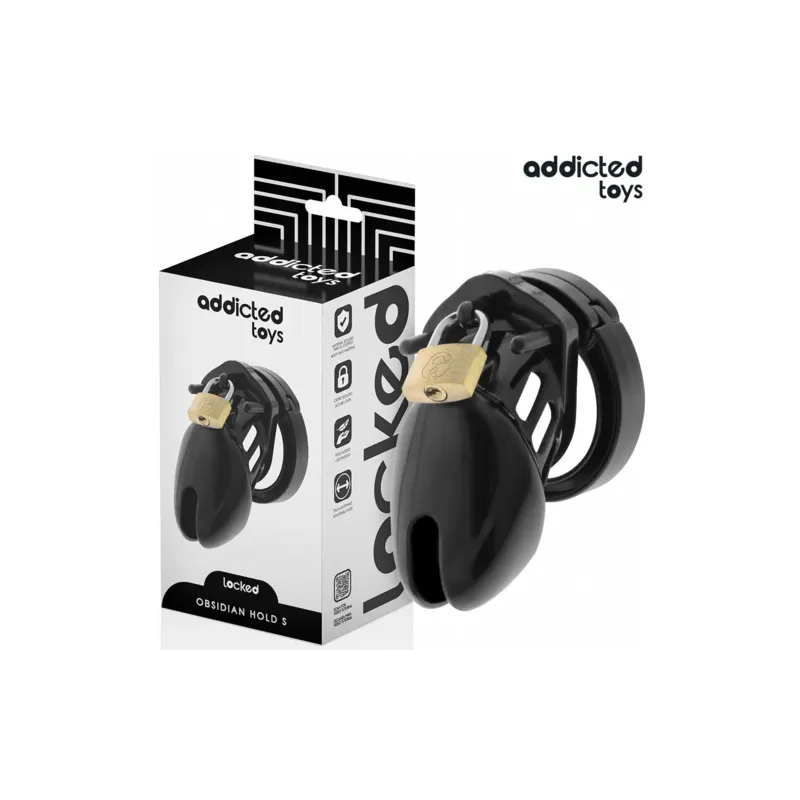 Keuschheitskäfig ADDICTED TOYS LOCKED Obsidian Hold Größe S, Übersicht mit Ringen und Sicherheitsschloss.