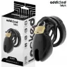 Gabbia di castità ADDICTED TOYS LOCKED Obsidian Hold taglia S, vista d'insieme con anelli e lucchetto di sicurezza.