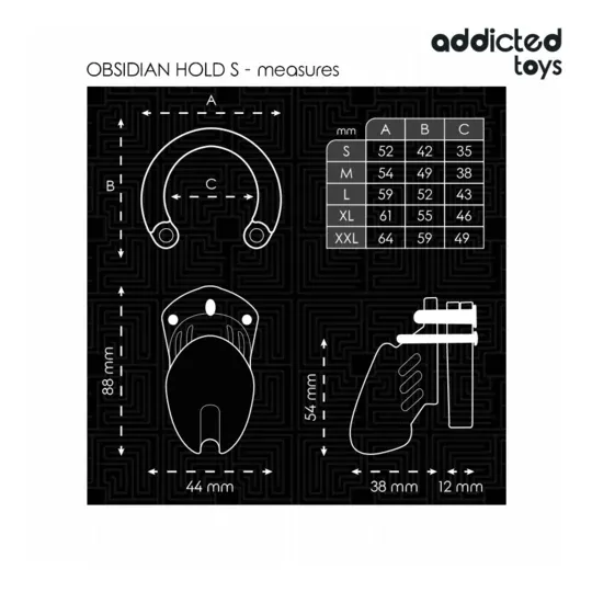 Gabbia di castità ADDICTED TOYS LOCKED Obsidian Hold taglia S, vista d'insieme con anelli e lucchetto di sicurezza.