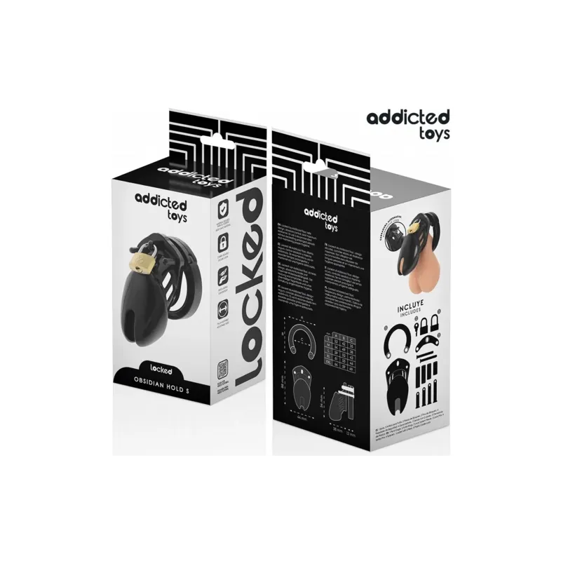 Jaula de castidad ADDICTED TOYS LOCKED Obsidian Hold talla S, vista general con anillos y candado de seguridad."}, {"fr": "Cage 