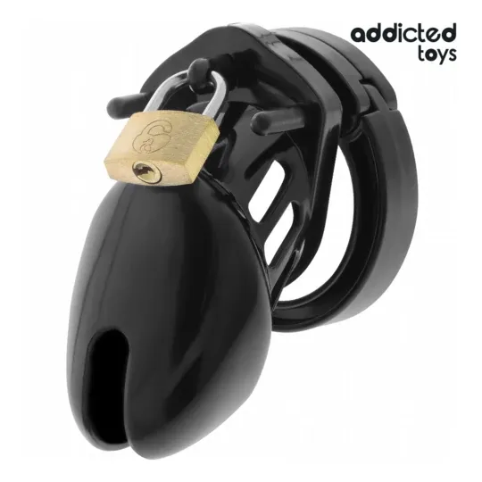 Keuschheitskäfig ADDICTED TOYS LOCKED Obsidian Hold Größe S, Übersicht mit Ringen und Sicherheitsschloss.