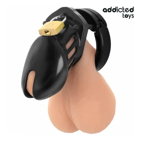 Keuschheitskäfig ADDICTED TOYS LOCKED Obsidian Hold Größe S, Übersicht mit Ringen und Sicherheitsschloss.