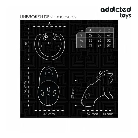 Gabbia di castità ADDICTED TOYS LOCKED Unbroken Den 9,8 cm con lucchetto e 3 anelli in ABS medicale