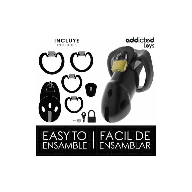 Cage de chasteté ADDICTED TOYS LOCKED Unbroken Den 9,8 cm avec cadenas et 3 bagues ajustables en ABS médical