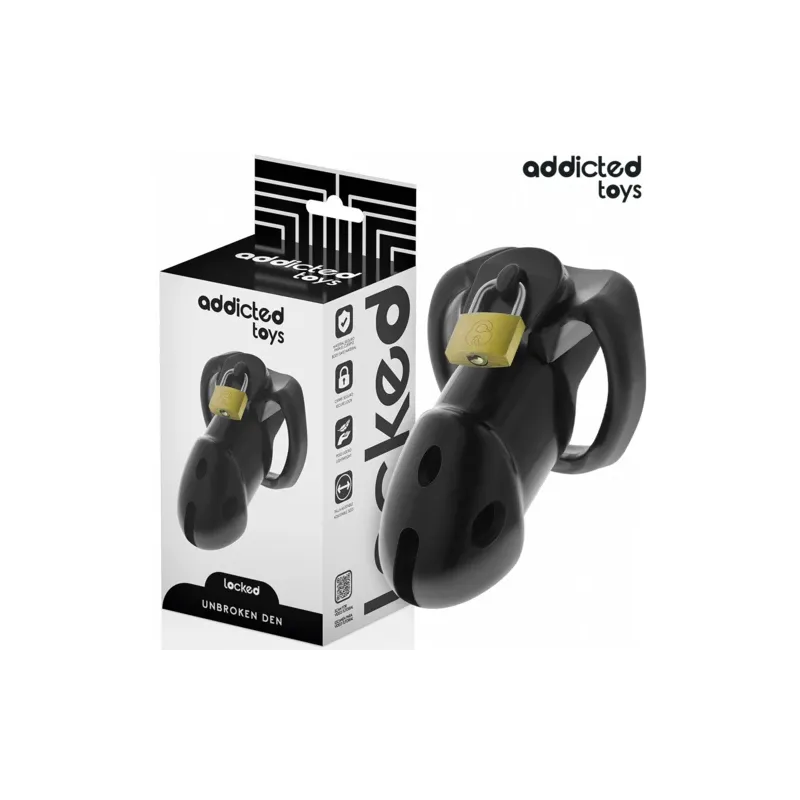 Cage de chasteté ADDICTED TOYS LOCKED Unbroken Den 9,8 cm avec cadenas et 3 bagues ajustables en ABS médical