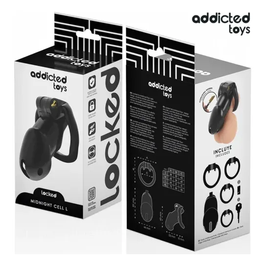 Keuschheitskäfig Midnight Cell L Addicted Toys Locked – 4 Ringe, schwarzes ABS-Kunststoff, Hauptansicht