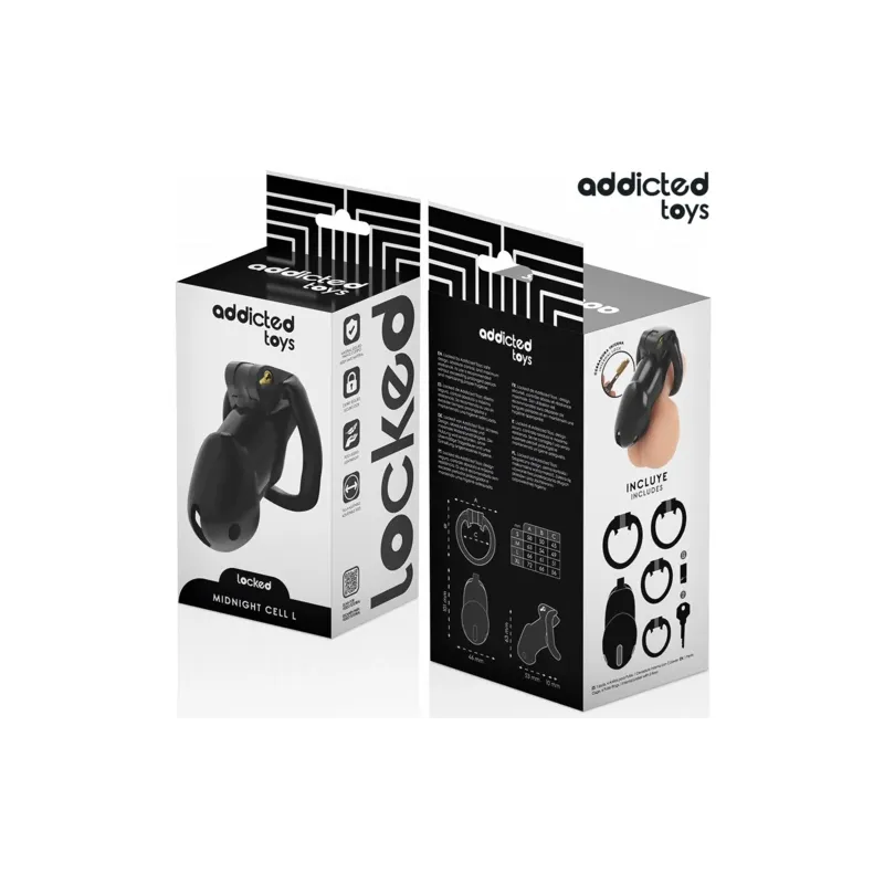 Keuschheitskäfig Midnight Cell L Addicted Toys Locked – 4 Ringe, schwarzes ABS-Kunststoff, Hauptansicht