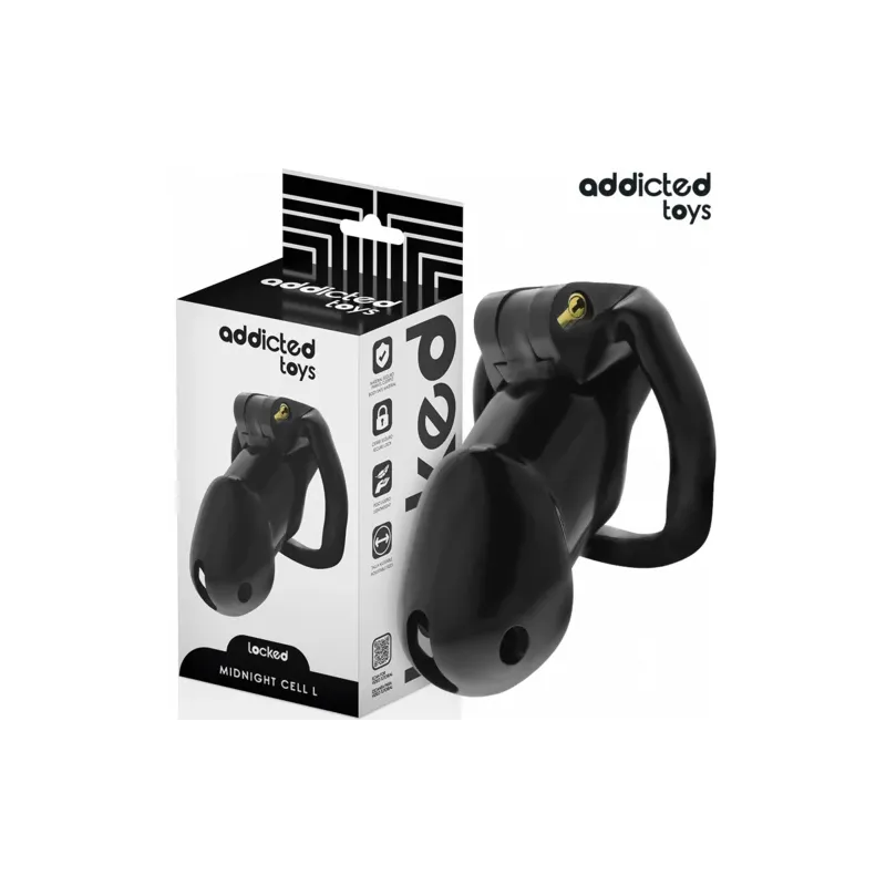 Jaula de castidad Midnight Cell L Addicted Toys Locked – 4 anillos, plástico ABS negro, vista frontal" }, { "fr": "Cage Midnight