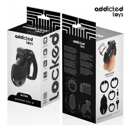 Keuschheitskäfig Midnight Cell ADDICTED TOYS LOCKED Größe M mit Schloss und 4 Ringen