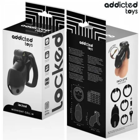 Jaula de castidad Midnight Cell ADDICTED TOYS LOCKED talla M con cerradura y anillos ajustables