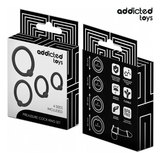 Set di 4 anelli penieni in silicone Addicted Toys, livelli di pressione 33-44mm, per piacere prolungato