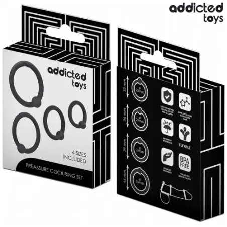 Set di 4 anelli penieni in silicone Addicted Toys, livelli di pressione 33-44mm, per piacere prolungato
