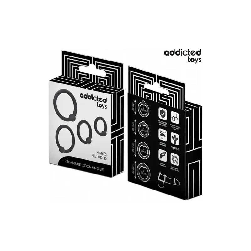 Lot de 4 anneaux de pénis en silicone médical Addicted Toys, tailles 33-44mm pour pression ajustable