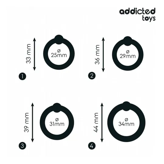 Set von 4 Silikon-Penisringen Addicted Toys, Druckstufen von 33-44mm, für intensive Stimulation