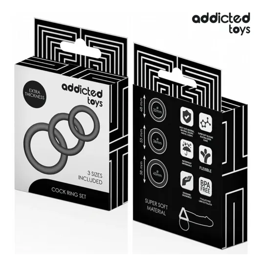 Lot de 3 anneaux péniens en silicone Addicted Toys taille réglable sur fond noir