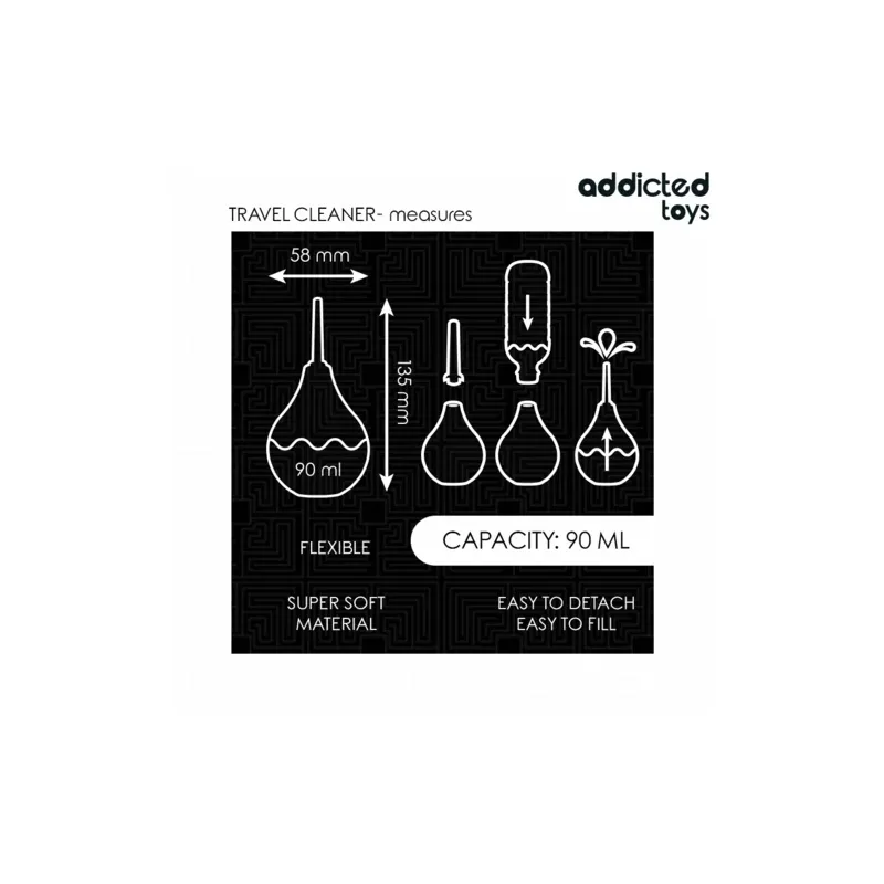 Addicted Toys limpiador anal Travel Size 90 ml de silicona transparente, vista frontal - pera anal compacta para higiene" }, "20