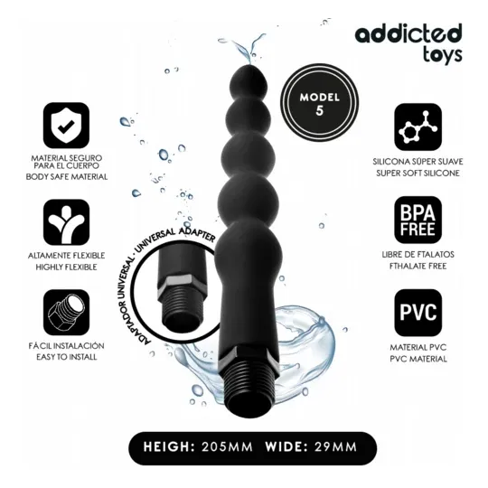 Nettoyeur anal Addicted Toys en silicone et PVC avec adaptateur universel pour douche, modèle 5 – hygiène intime