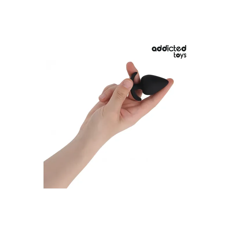 Ergonomic anal plug Addicted Toys size M in medical silicone, black, overall view