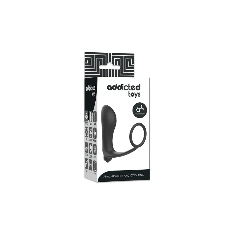 Vibrating anal plug with penis ring black silicone Addicted Toys overall view
