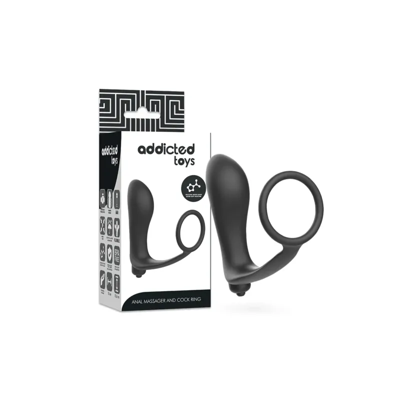 Vibrating anal plug with penis ring black silicone Addicted Toys overall view