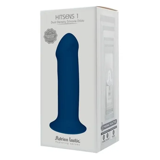 Dildo silicone doppia densità termo-reattivo Adrien Lastic blu con ventosa vista d'insieme realistica