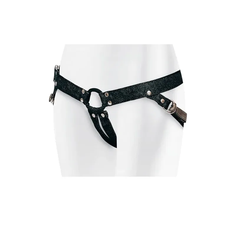 Arnés strap-on vaquero negro ajustable Adrien Lastic - vista general" }, { "fr": "Détail des anneaux métalliques sans nickel du 