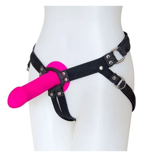 Adjustable black denim strap-on harness by Adrien Lastic - overall view