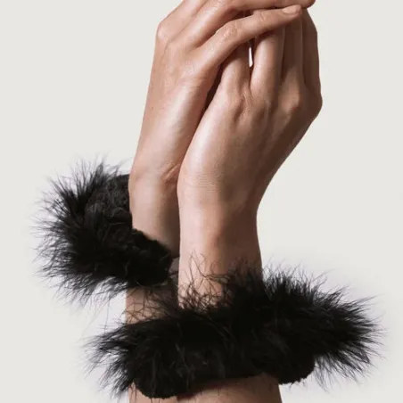 Menottes en métal à plumes noires ADRIEN LASTIC vue d'ensemble avec chaîne et clés