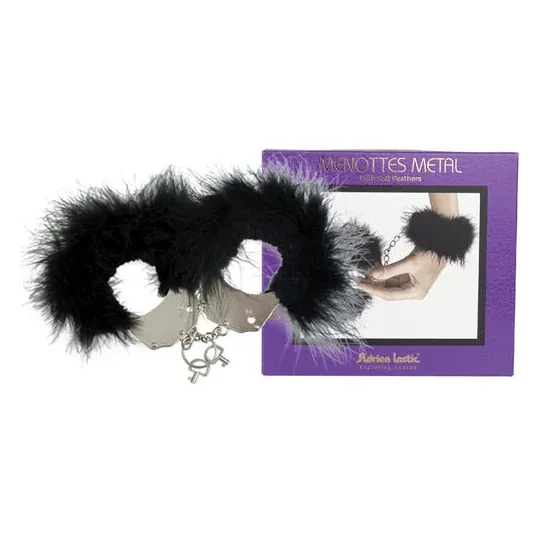 Black feather metal handcuffs ADRIEN LASTIC overall view with chain and keys