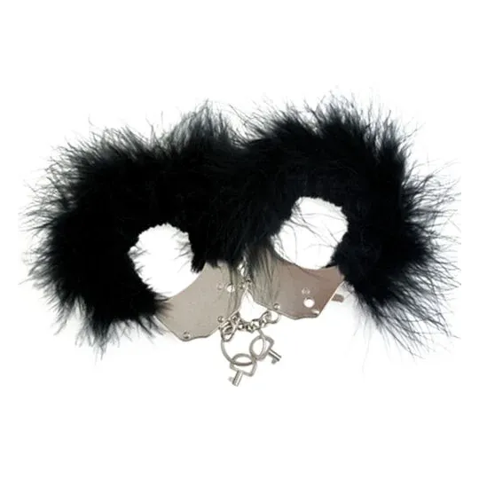 Esposas de metal con plumas negras ADRIEN LASTIC vista general con cadena y llaves" }, { "fr": "Menottes en métal à plumes noire