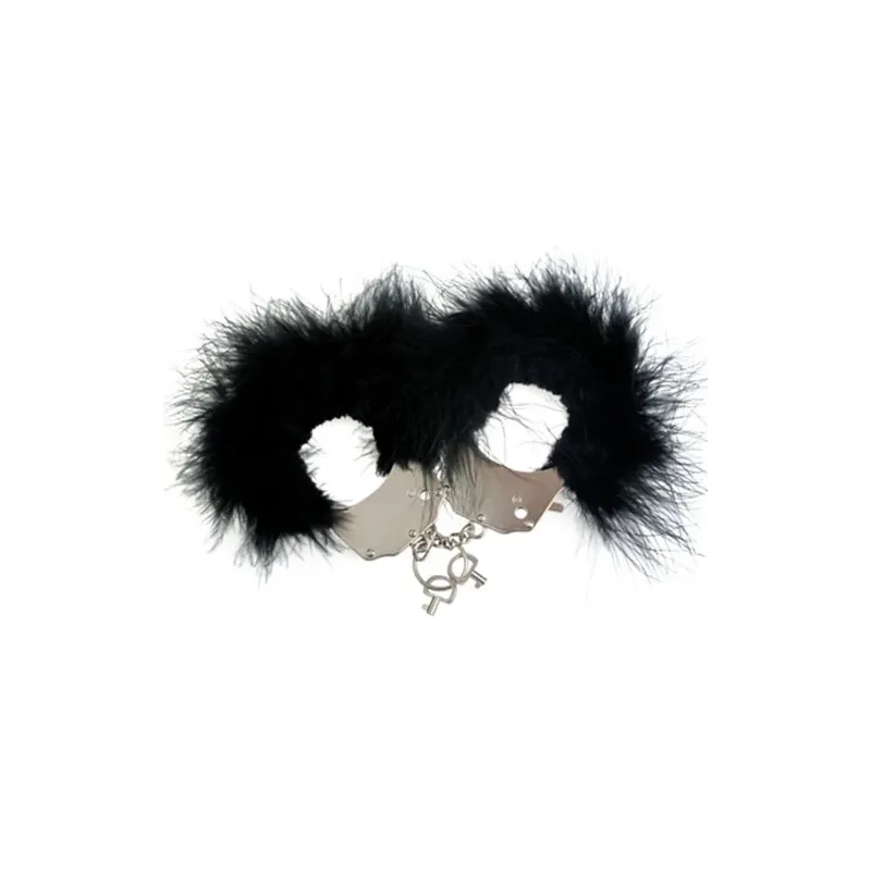 Menottes en métal à plumes noires ADRIEN LASTIC vue d'ensemble avec chaîne et clés
