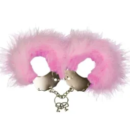 Manette in metallo rosa con piume morbide - Adrien Lastic, catena robusta e chiavi di sicurezza.